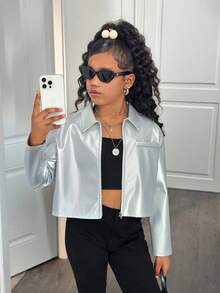 SHEIN 少女休闲街头风翻领PU金属拉链短款外套 - 銀色 - 查看 4