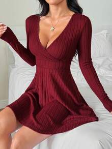 SHEIN PETITE Burgundy Deep V-Neck Crossed Wrap Ribbed Long Sleeve Dress Women Elegant,Autumn Chic Night Out Solid Color New Years Outfit Red Wine Dress - Burgundy - View 6