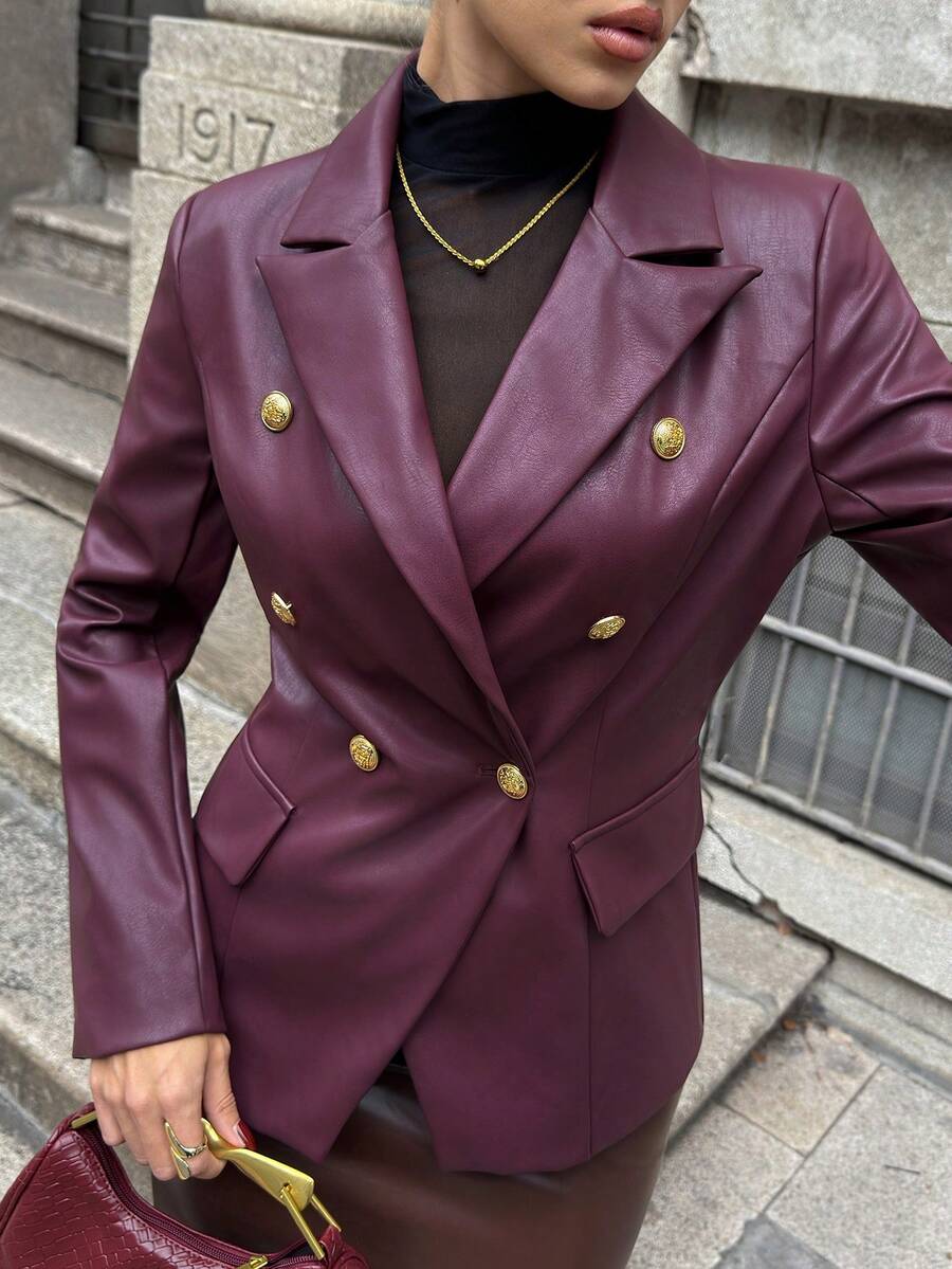 Lavishia 酒红色双排扣金属纽扣通勤复古时尚女式PU夹克 - 酒紅色 - 查看 1