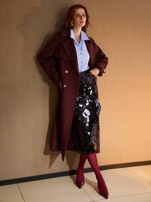 PREMIUM WOOL BLEND LAPEL COLLAR BELTED OVERCOAT - Burgundy - View 4