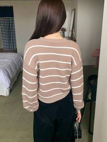 SHEIN 少女卡其色和白色条纹基础款休闲圆领宽松灯笼袖毛衣，返校季，学院风，家居服针织套头衫 - 卡其色 - 查看 2