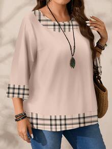 EMERY ROSE Áo kiểu nữ cỡ lớn, họa tiết kẻ caro phối màu, cổ tròn, tay lỡ dáng rộng, thích hợp cho Giáng sinh, mùa hè, áo mùa hè, năm mới, dành cho nữ dịp năm mới, phong cách thanh lịch, áo kiểu thanh lịch cho nữ. - Nhiều màu - Xem 6