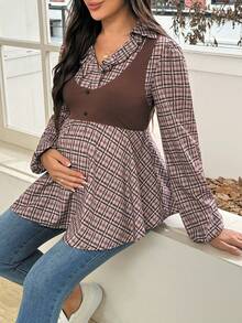 SHEIN Vintage Plaid Patchwork Long Sleeve Maternity Top, Fashionable Design, Suitable For Spring And Autumn Wear - Multicolor - View 6