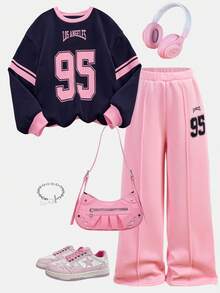 Girlism 少女休闲学院风街头字母数字印花圆领卫衣搭配高腰阔腿直筒针织裤套装，灰色返校穿搭套装，灰色女童运动裤套装 - 彩色 - 查看 1