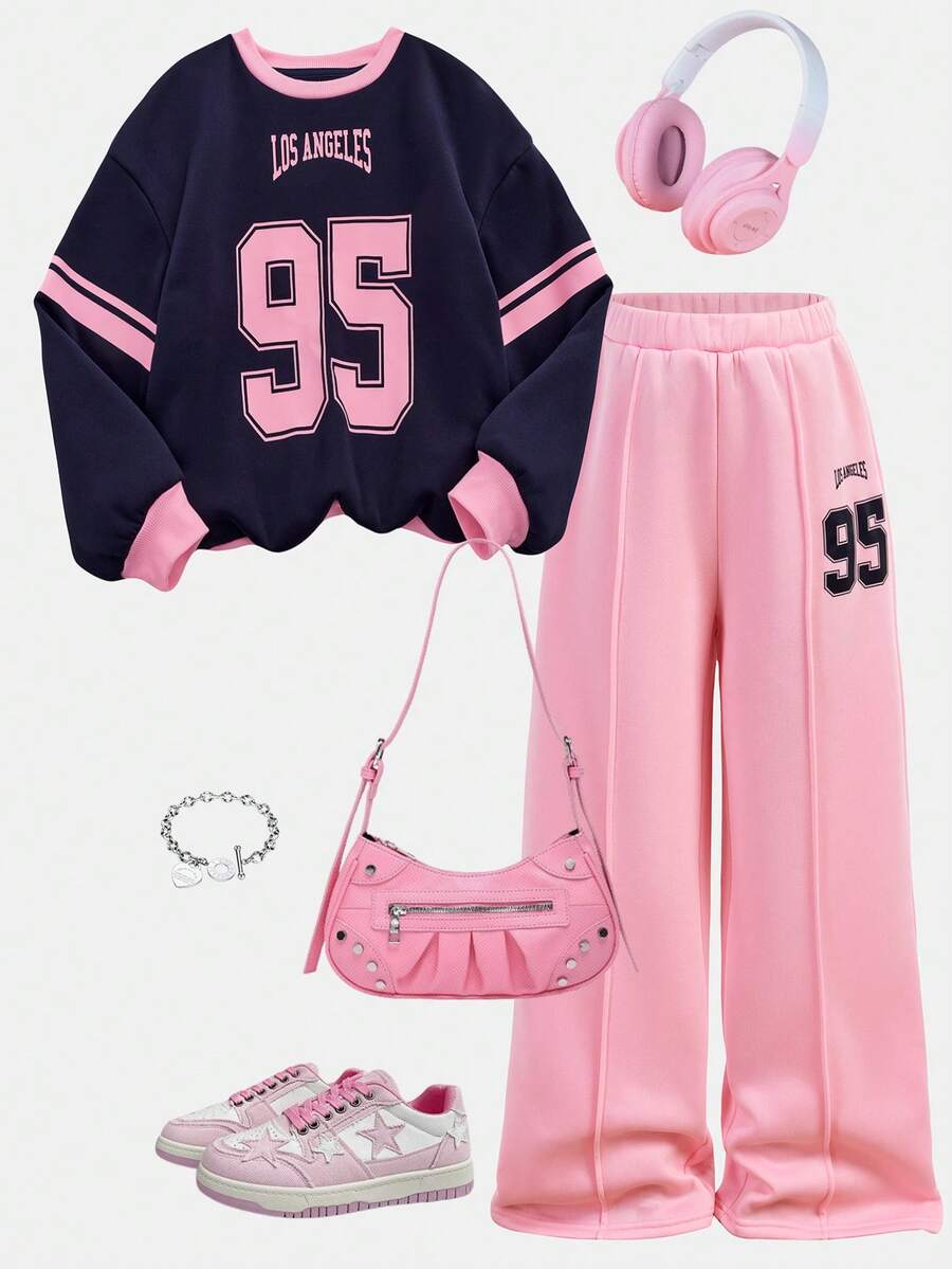 Girlism 少女休闲学院风街头字母数字印花圆领卫衣搭配高腰阔腿直筒针织裤套装，灰色返校穿搭套装，灰色女童运动裤套装 - 彩色 - 查看 1