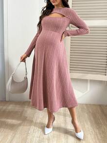 SHEIN Vestido elegante de maternidad de unicolor, cuello redondo, manga larga, calado y acanalado - Rosa - Ver 5