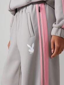 Missguided x Playboy 女士宽松阔腿运动裤，休闲舒适，侧边条纹设计，弹性腰带 - 灰色 - 查看 4