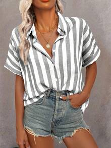 Calvaya Women's Striped Bat-Wing Short Sleeve Casual Single-Breasted Loose Blouse