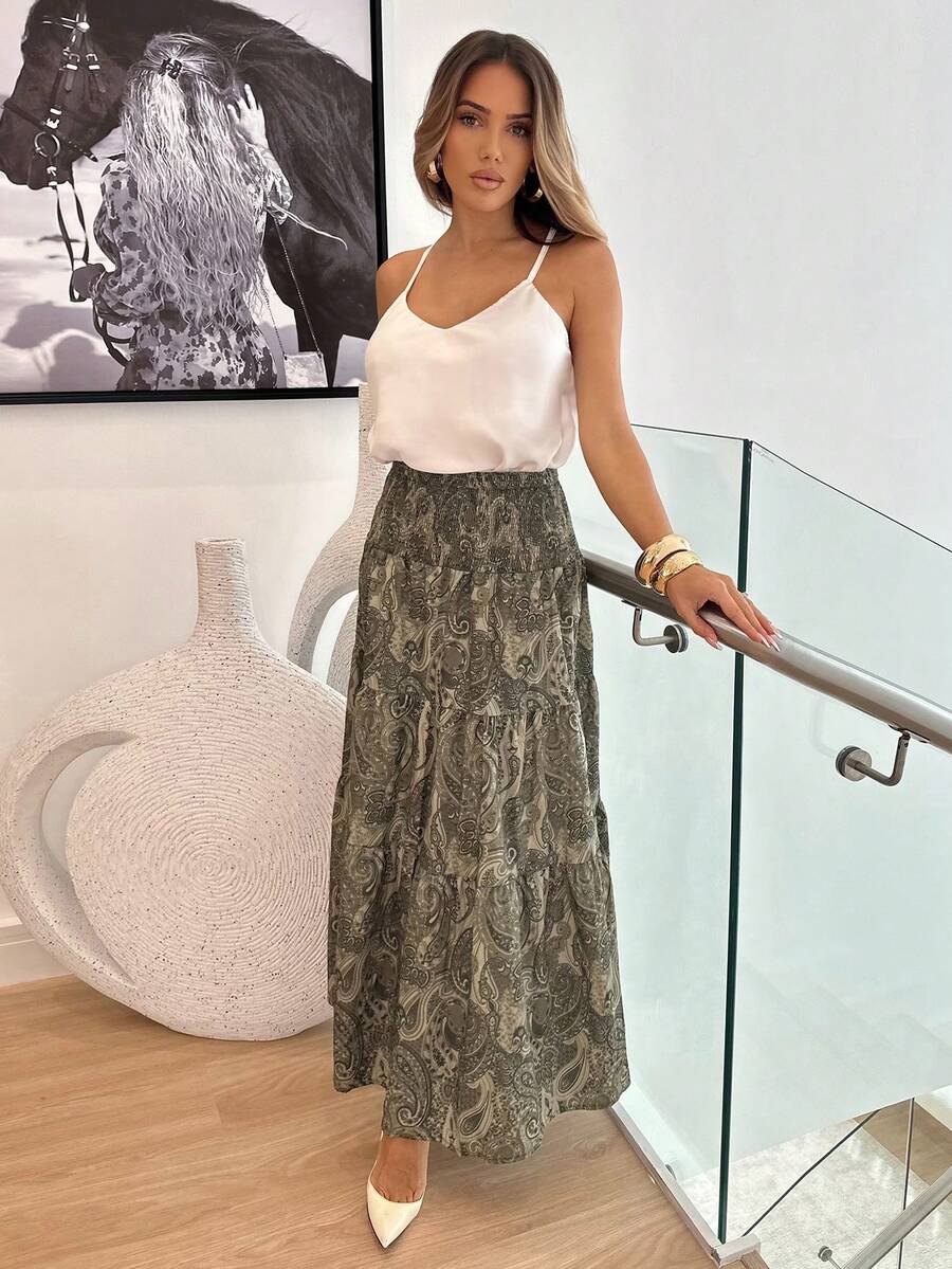 Manon Tanti Falda de mujer estampada de cintura con cordón, informal para uso diario y vacaciones, primavera/verano - Verde - Ver 1
