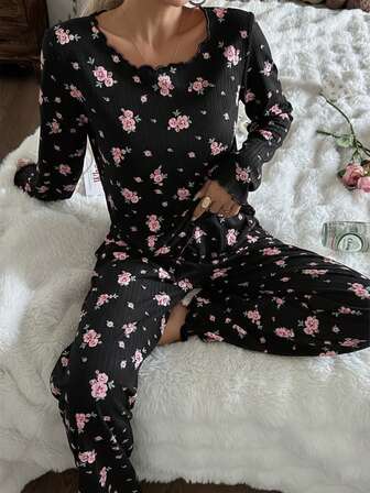 CottageSlumber Women's Cute Ditsy Floral Ribbed Trim Long Sleeve Top & Pants Romantic Floral Pajama Set, Fall & Winter Clothes