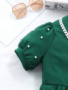 SHEIN Váy Cardigan tay phồng cổ tròn màu trơn dễ thương mùa hè kèm túi nhỏ cho bé gái - Màu xanh lá cây đậm - Xem 4
