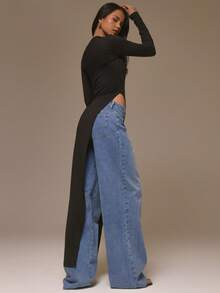 MUSERA 修身长袖超长不对称下摆上衣，酷女孩风，街头风，可爱，适合冬季节日、假期、春夏穿着 - 黑色 - 查看 3