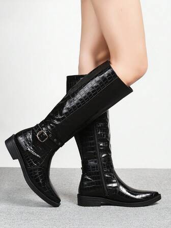 CUCCOO BIZCHIC 2025 New Autumn/Winter Outdoor Comfortable Anti-Slip Women's Over-The-Knee Boots, Metal Decor Black Boots For Commuting, Casual, Versatile, Side Zipper Mid-Calf Boots, Thick Sole Pointed Toe Western High Shaft Boots For Christmas