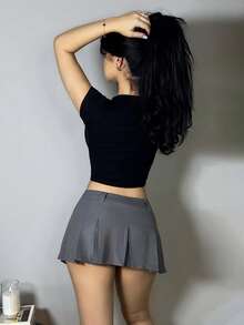 Vassilux Summer Casual Ultra-Low Waist Utility Pleated Mid-Length Skirt - Grey - View 2
