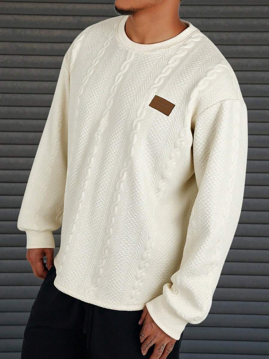 DAZY Textured Fabric Graphic Crew Neck Beige Men's T-Shirt, Autumn - Beige - View 1