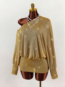 Y2K Amplova Party Tight Shoulder Loose Cover Up Top + Tight Fitting Bodycon Mini Skirt, Women 2-Piece Set Autumn/Winter Thanksgiving And New Year - Gold - View 4