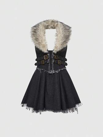 Grunge Punk Y2K Distressed Washed Color Cold Shoulder Ruffle Hem Detachable Faux Fur Collar Super Short Denim Dress, Black