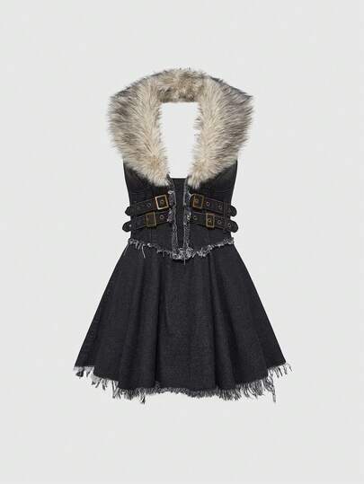 Grunge Punk Y2K Distressed Washed Color Cold Shoulder Ruffle Hem Detachable Faux Fur Collar Super Short Denim Dress, Black
