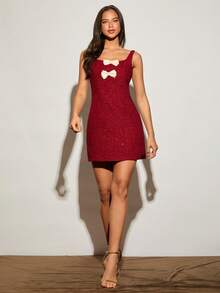 Enchnt 女士优雅派对蝴蝶结装饰无袖迷你连衣裙 - 酒紅色 - 查看 8