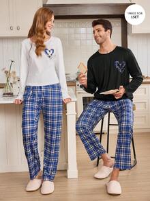 CoupledUp 心形格纹极简休闲长袖上衣和长裤男士睡衣套装，冬季服装 - 黑色 - 查看 4