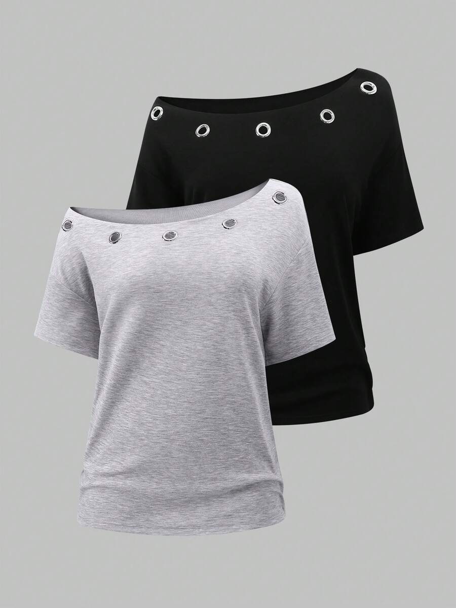 SHEIN Unity 2 chiếc áo thun nữ dáng rộng dày dặn, dáng rộng, dáng xiên, có đinh tán, khoen và kim loại phong cách Punk, màu đen và xám - Nhiều màu - Xem 1