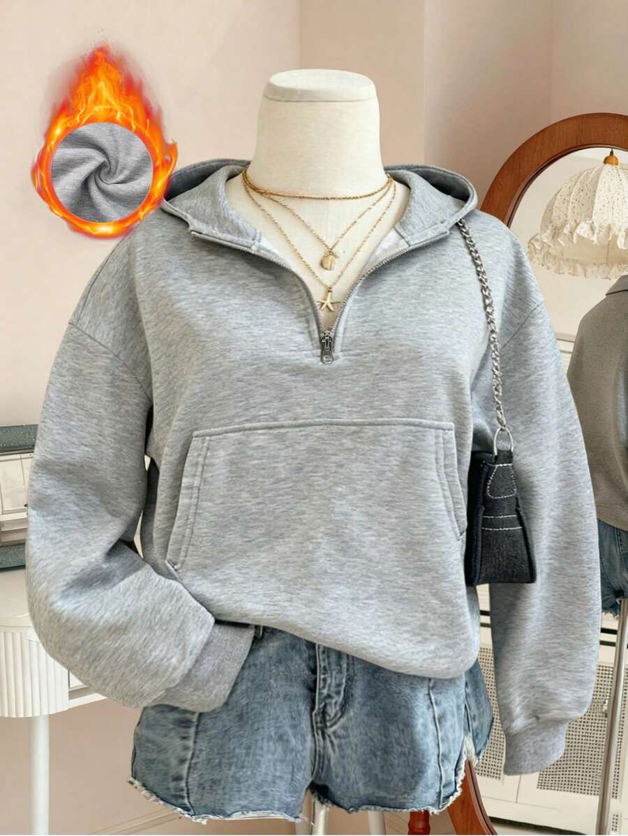 Rhythm Era 1 pieza Sudadera holgada y casual para mujer de talla grande, con diseño de media cremallera y bolsillo, ropa deportiva de moda para yoga, actividades al aire libre, correr - Gris Oscuro - Ver 1