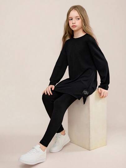 Bộ 2 áo thun cổ tròn tay dài rộng thoải mái thường ngày cho bé gái tuổi teen và quần bó