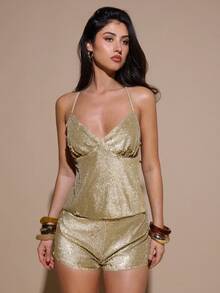 SHEIN BAE Autumn/Winter Solid Color Gold Sequin Tank Top, Backless Tie Strap Top, Women's Sequin Top, Colorful Sequin Shirt, Autumn Tops, Suitable For Nightclub Party, Going Out, Autumn Women's Clothing, Old Money, Party Cocktail Formal Occasion, Gold Top - Gold - View 5