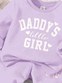柔紫色可愛字母 Daddy's Little Girl❤ 嬰兒女童休閒加厚柔軟長袖圓領運動衫與運動褲套裝，適合秋冬 - 紫色 - 查看 6