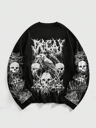 Street Life Sweat-shirt col rond à manches longues, imprimé crâne et pentagramme, tricot gaufré décontracté pour hommes