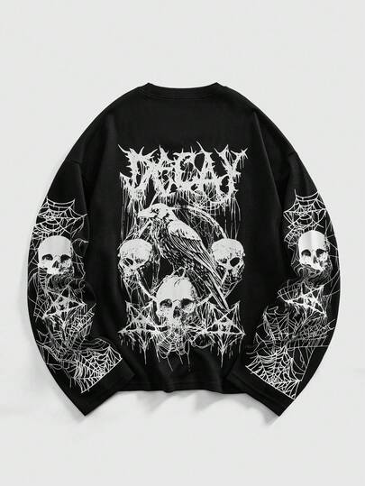 Street Life Felpa girocollo casual da uomo in maglia a nido d'ape con stampa di teschi e pentagrammi, manica lunga