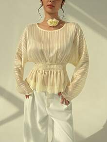 Aloruh Women's Summer Elegant Batwing Sleeve Pullover Top, Round Neck, Loose Fit, Waist-Cinching Design, Stylish And Elegant Shirt, Elegant Beach Top, Sheer Cover-Up - Beige - View 6