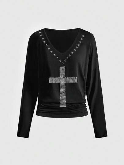 Grunge Punk Y2K Punk Rivet Cross V-Neck Batwing Sleeve Loose T-Shirt For Women