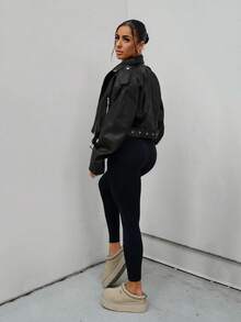 SAYEHFBABY Zip Up PU Leather Moto Jacket Fall Winter Cloth For Women