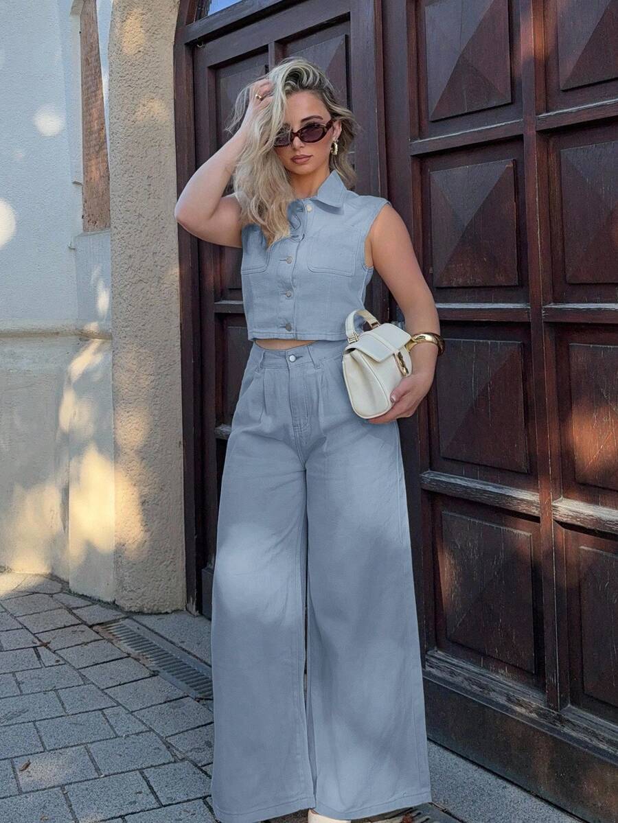 Jeta Ari 女士单排扣口袋背心和阔腿牛仔裤休闲套装 - 淺藍色 - 查看 1