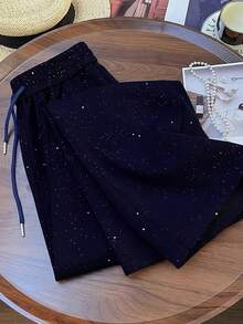 Franclia Starry Sky Elastic Waist Casual Straight Leg Wide Leg Pants - Navy Blue - View 2