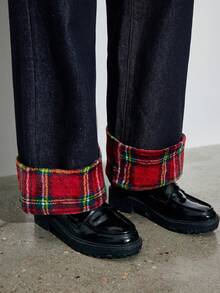 Maija 女士深蓝色保暖内衬直筒牛仔裤，红色格子图案 - 非常适合冬季圣诞节服装。 - 深色水洗藍 - 查看 6