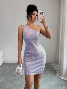 Elenzga Women's Elegant Sequin Embellished Slim Fit Bodycon Mini Dress, Suitable For Casual, Commute, Vacation, Afternoon Tea, Christmas, Luxury Party - Mauve Purple - View 1