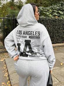 NegzBox Sweatshirt Lengan Panjang Berkerudung Longgar dengan Motif Cetak LA Sederhana Kasual untuk Wanita, Cocok untuk Musim Gugur dan Musim Dingin - Light Grey - View 2