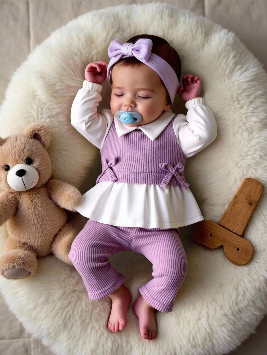 SHEIN Bộ 2 món đồ thường ngày cho bé gái sơ sinh, áo cổ vá và quần len rộng rãi, đơn giản và thời trang - Màu tím - Xem 1