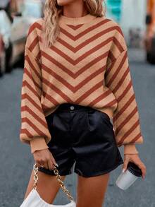 SHEIN LUNE Sweater Kasual Wanita Motif Garis-Garis Blok Warna, Musim Gugur/Dingin - Rust Brown - View 3