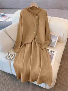 GlowEve Bộ áo len cardigan dài cổ tròn thời trang cao cấp, thanh lịch, dáng ôm, dáng suông, thời trang thu đông - Màu Khaki - Xem 4