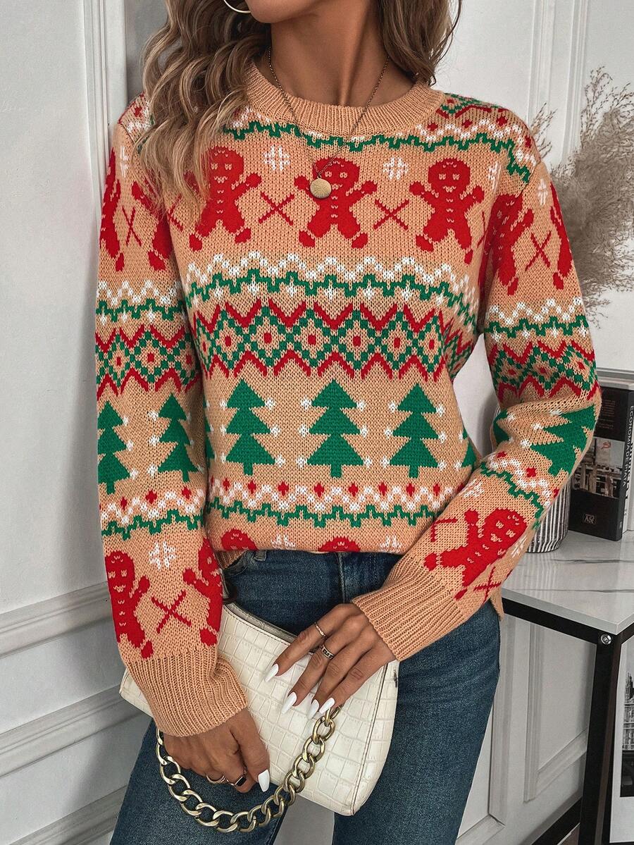 EMERY ROSE Women's Casual Gingerbread Man Pattern Crew Neck Long Sleeve Sweater, Autumn/Winter - Apricot - View 1