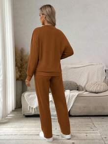 SHEIN 孕妇休闲针织开衫外套和抽绳裤套装 - 棕色 - 查看 2