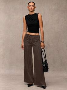 SHEIN BAE 女士系带腰条纹阔腿宽松休闲裤 - 咖啡棕 - 查看 3