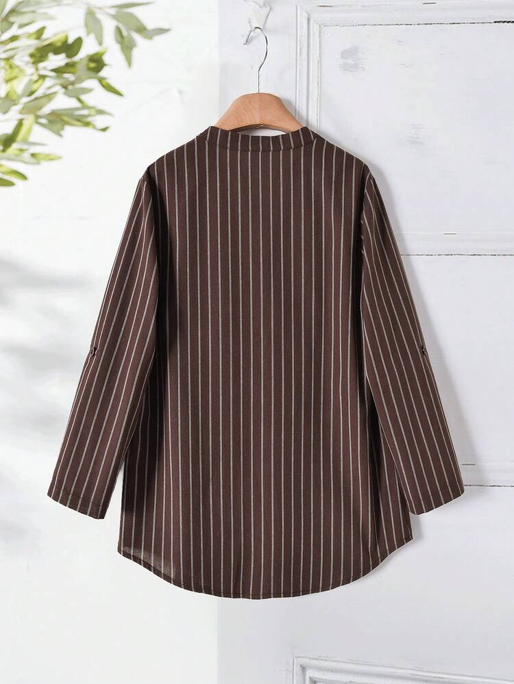 Women's Striped V-Neck Long Sleeve Casual Pocket Textured Shirt  Winter Clothes For Women