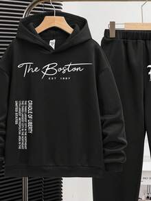 Tween-Jungen 2 Stücke Teenager Slogan Muster Lässiger Minimalistischer Hoodie Sweatshirt und Jogginghose Set, geeignet für Herbst/Winter