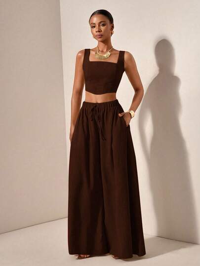 Zivah New Spring/Summer Vacation Casual Fishbone Suspender Pants & Wide Leg Trousers With Pockets 2 Pieces Textured Fabric Set - B Tan Two Piece Set Linen Two Piece Set