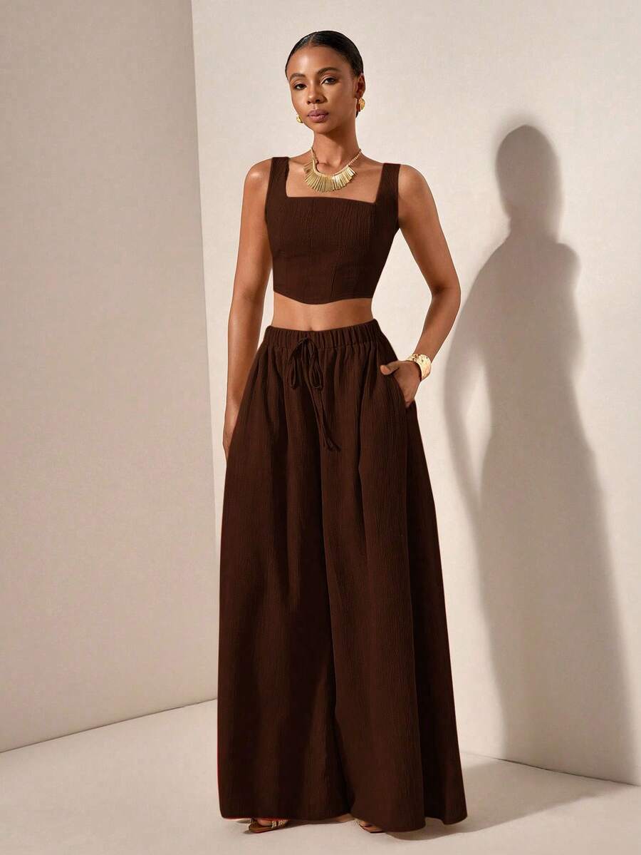 Zivah Nuevo conjunto de 2 piezas de pantalones casuales para vacaciones de primavera/verano con tirantes en forma de espina de pescado y pantalones anchos con bolsillos, de tela texturizada - B