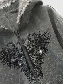 ROMWE MEN Goth 男士休闲水钻十字架翅膀印花连帽卫衣，秋季款，长袖上衣